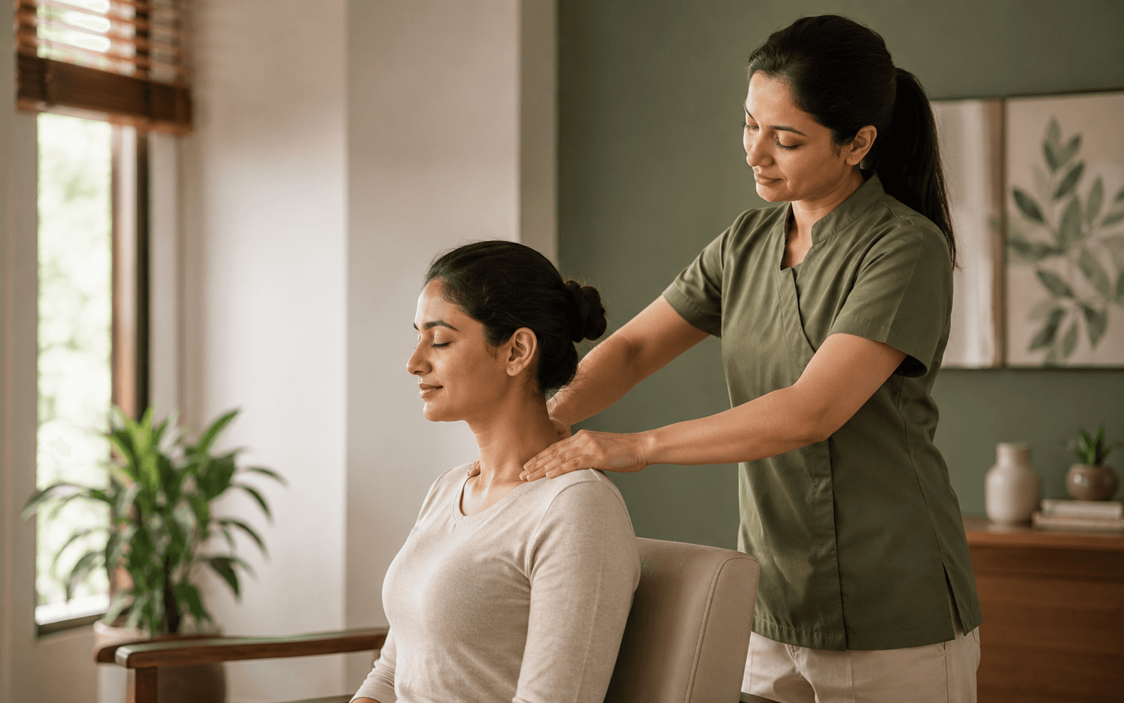 A therapist applying focused acupressure to a seated client's neck and shoulder