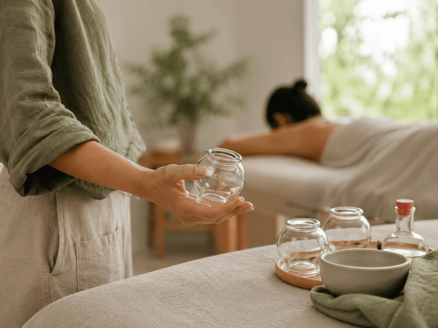 A therapist holding a cupping glass in a calm treatment room with a client resting in the background