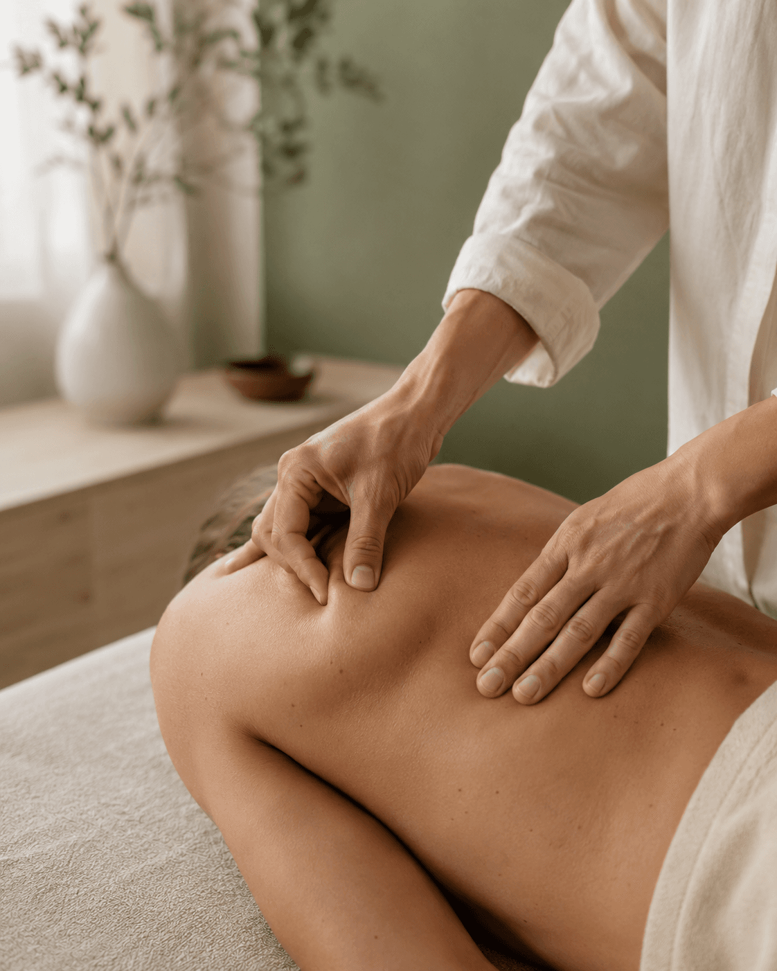 Hands-on acupressure treatment being applied to a client's shoulder in a calm, softly lit treatment room
