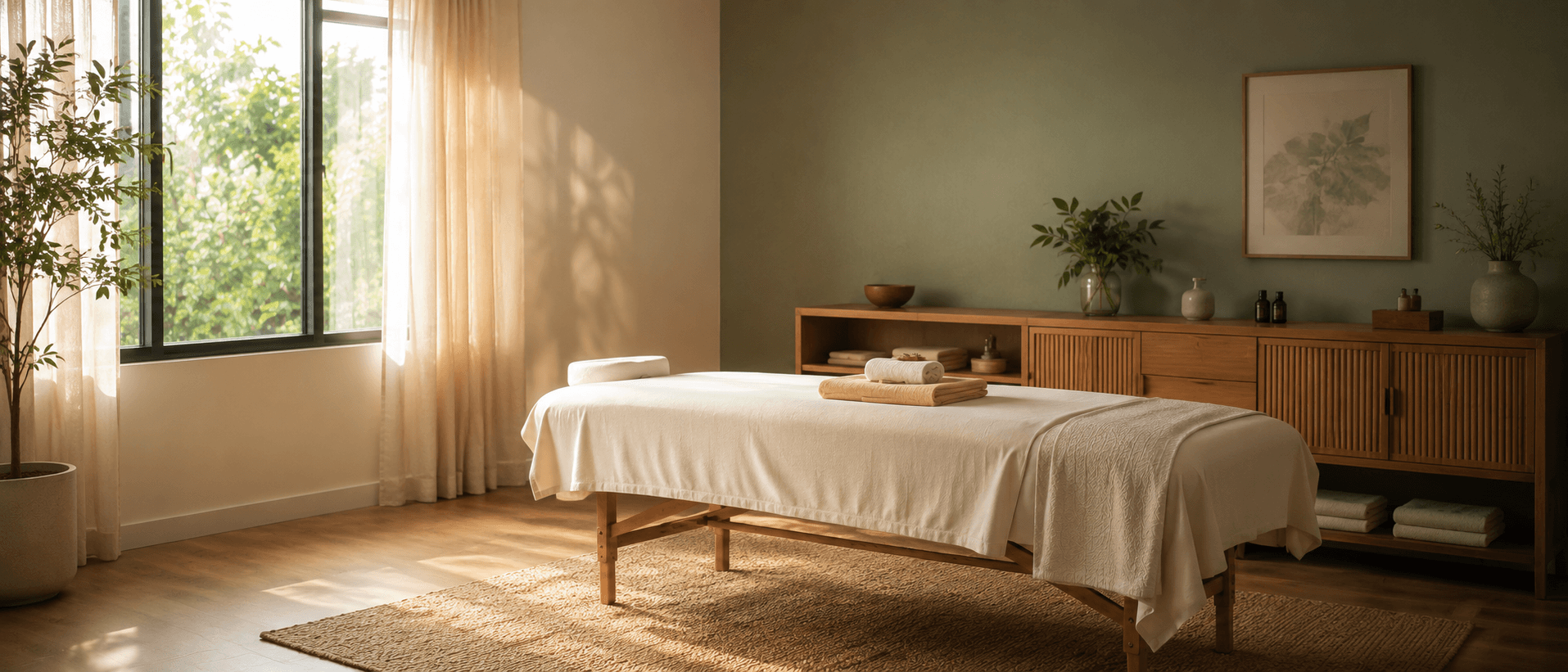A calm, softly lit treatment room with a linen-draped massage table and warm natural light
